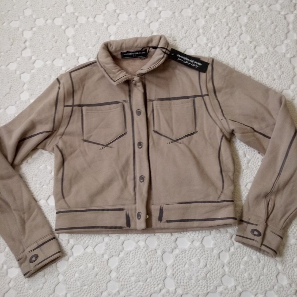 New Manier De Voir Jacket Cropped Tan Knit Fleece Lined Seam Drawing 12 Women